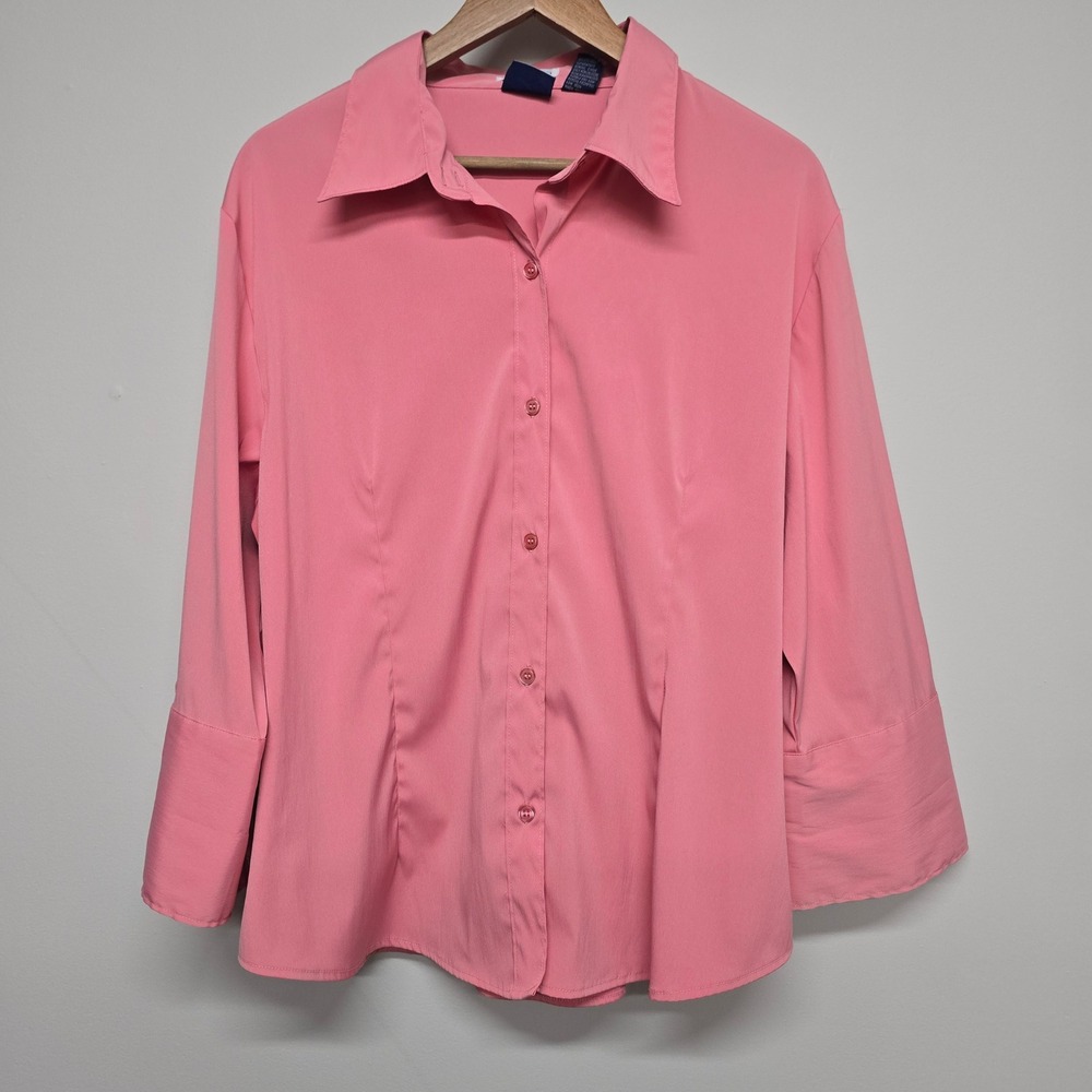 DCC Woman Button Up Top Women 1X Pink Poly Blend Stretch Cuff Office Career
